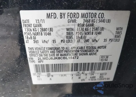 2012 Lincoln Mkx from USA, damaged, VIN 2LMDJ6JK8CBL15472